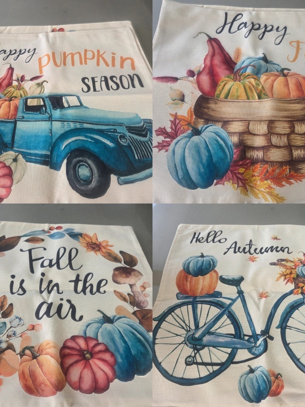 Autumn Pumpkin- Blue Truck & Bicycle Set Of 4 Throw Pillow Case Covers